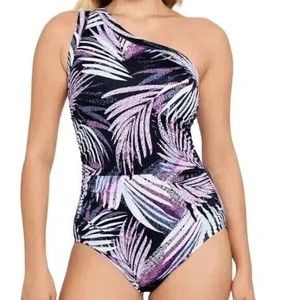 NWT SWIM SOLUTIONS Black MULTI Tummy Control One Shoulder One Piece Swimsuit 18
